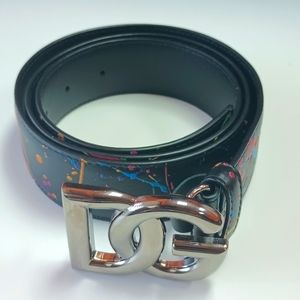 Dolce & Gabbana Men's 1.25" Interlocking Logo Paint Splatter Leather Belt